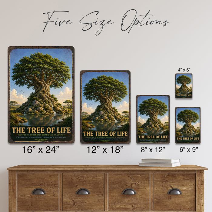 Tree of Life metal sign with vintage travel-poster illustration of tree of life in Bahrain