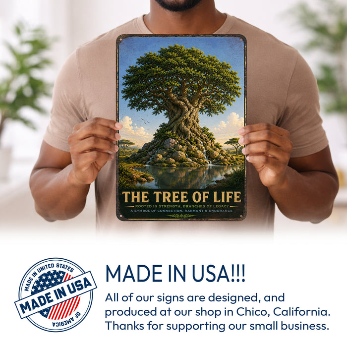 Tree of Life metal sign with vintage travel-poster illustration of tree of life in Bahrain