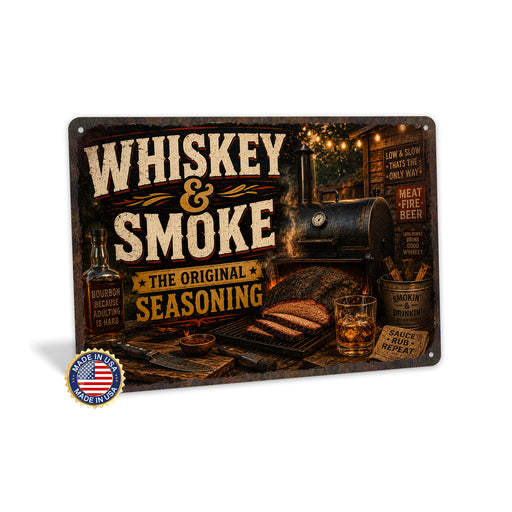 Whiskey and Smoke BBQ Original Seasoning metal sign with vintage tin bbq sign — Whiskey and Smoke BBQ Original Seasoning