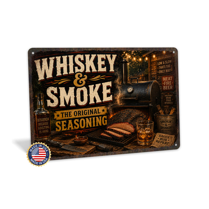 Whiskey and Smoke BBQ Original Seasoning metal sign with vintage tin bbq sign — Whiskey and Smoke BBQ Original Seasoning