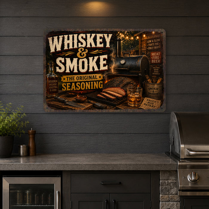 Whiskey and Smoke BBQ Original Seasoning metal sign with vintage tin bbq sign — Whiskey and Smoke BBQ Original Seasoning
