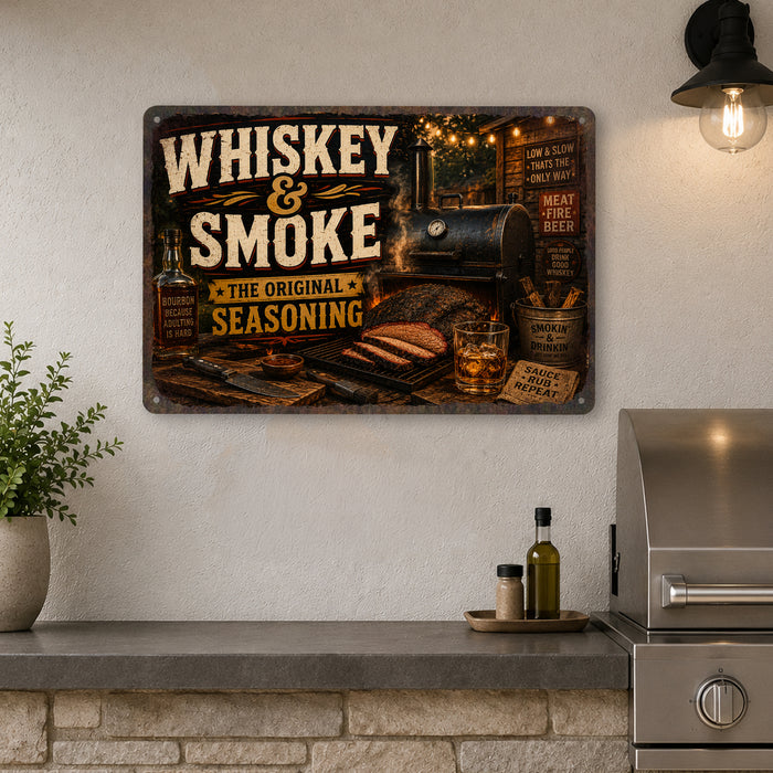 Whiskey and Smoke BBQ Original Seasoning metal sign with vintage tin bbq sign — Whiskey and Smoke BBQ Original Seasoning