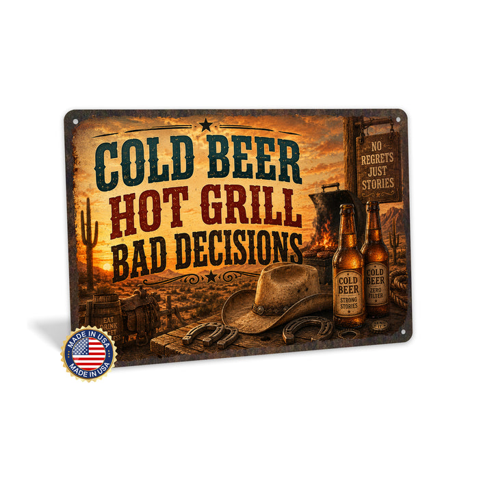 Cold Beer Hot Grill Bad Decisions metal sign with vintage tin bbq sign — Cold Beer Hot Grill Bad Decisions