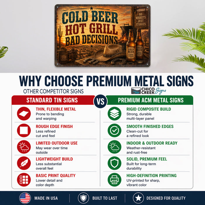 Cold Beer Hot Grill Bad Decisions metal sign with vintage tin bbq sign — Cold Beer Hot Grill Bad Decisions