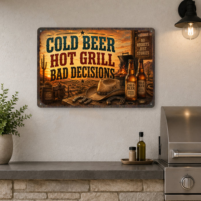 Cold Beer Hot Grill Bad Decisions metal sign with vintage tin bbq sign — Cold Beer Hot Grill Bad Decisions