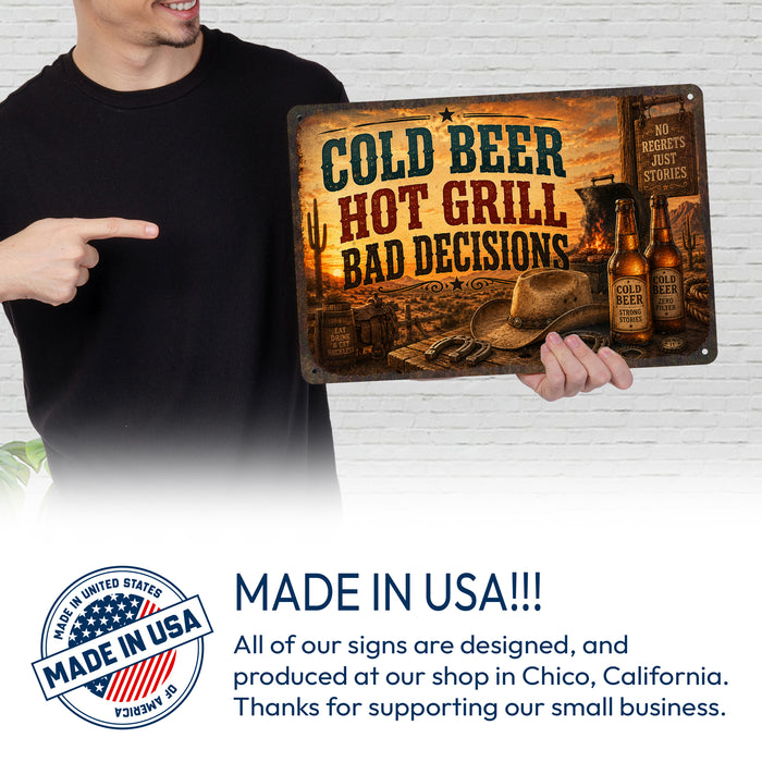 Cold Beer Hot Grill Bad Decisions metal sign with vintage tin bbq sign — Cold Beer Hot Grill Bad Decisions
