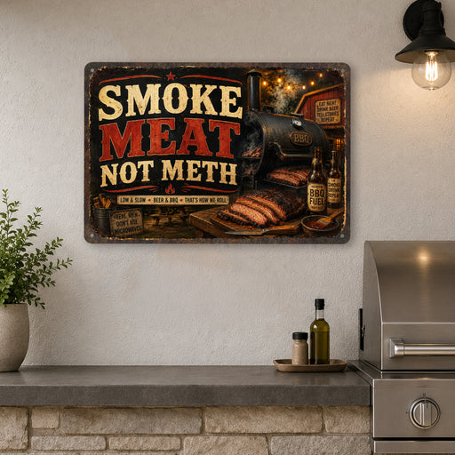 Smoke Meat Not Microwaves BBQ Humor metal sign with vintage tin bbq sign — Smoke Meat Not Microwaves BBQ Humor
