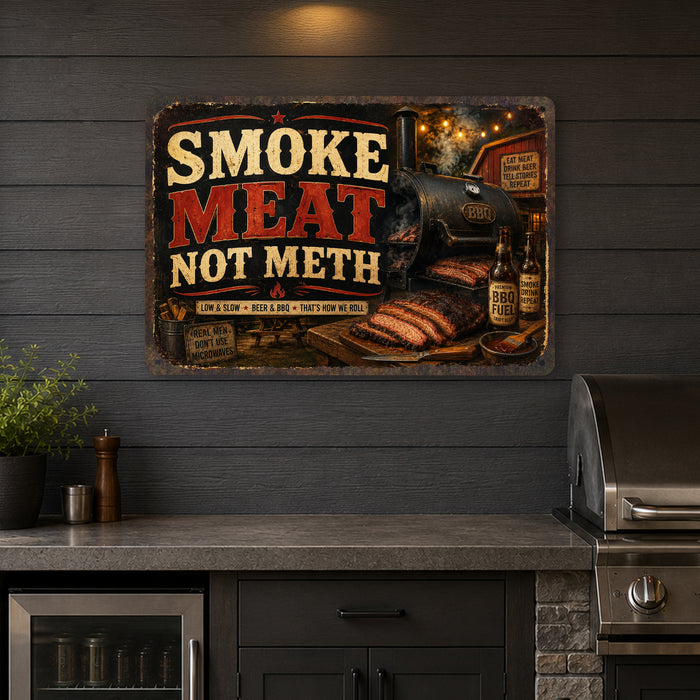 Smoke Meat Not Microwaves BBQ Humor metal sign with vintage tin bbq sign — Smoke Meat Not Microwaves BBQ Humor