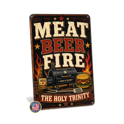 Meat Beer Fire The Holy Trinity metal sign with vintage tin bbq sign — Meat Beer Fire The Holy Trinity