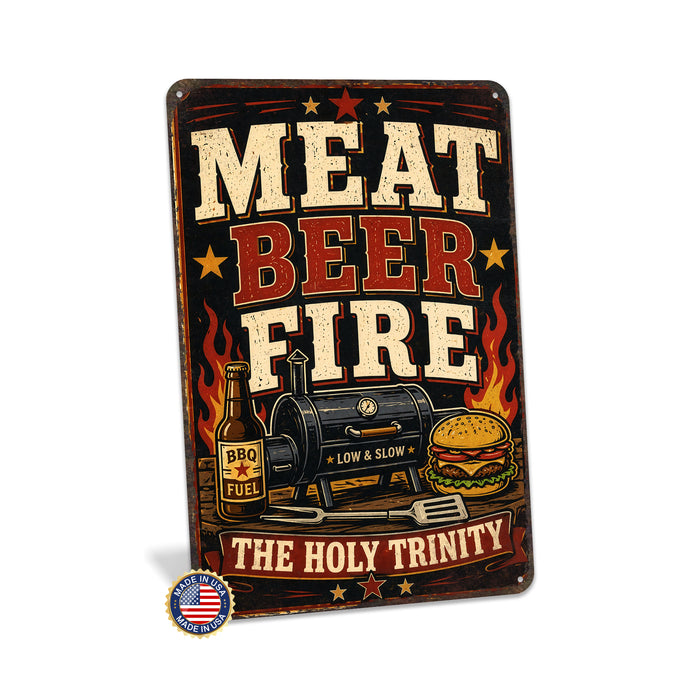 Meat Beer Fire The Holy Trinity metal sign with vintage tin bbq sign — Meat Beer Fire The Holy Trinity