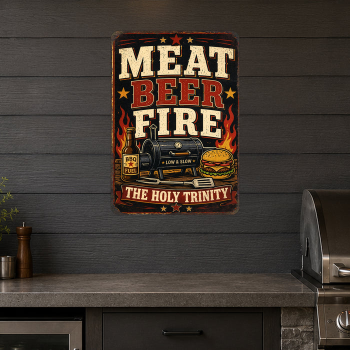 Meat Beer Fire The Holy Trinity metal sign with vintage tin bbq sign — Meat Beer Fire The Holy Trinity