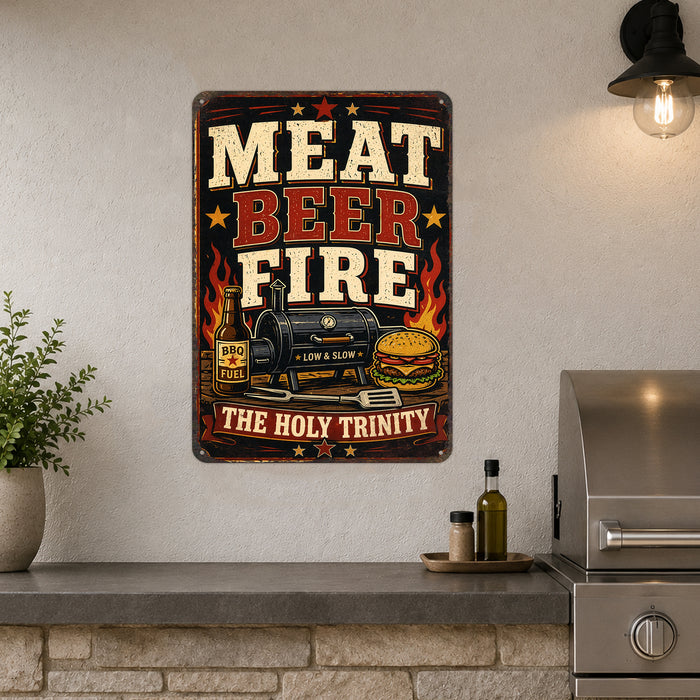 Meat Beer Fire The Holy Trinity metal sign with vintage tin bbq sign — Meat Beer Fire The Holy Trinity