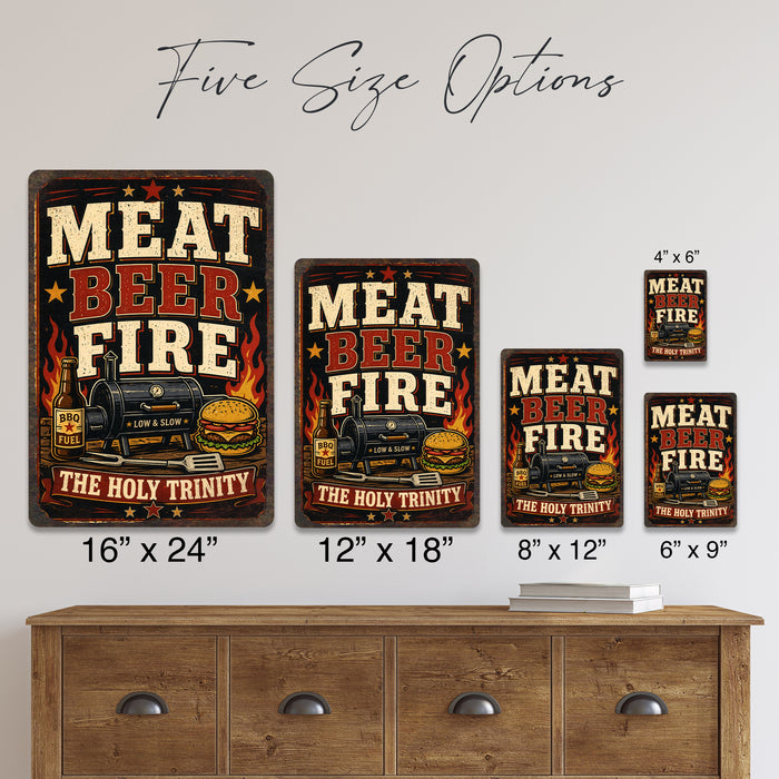 Meat Beer Fire The Holy Trinity metal sign with vintage tin bbq sign — Meat Beer Fire The Holy Trinity