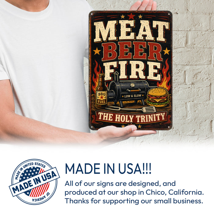 Meat Beer Fire The Holy Trinity metal sign with vintage tin bbq sign — Meat Beer Fire The Holy Trinity
