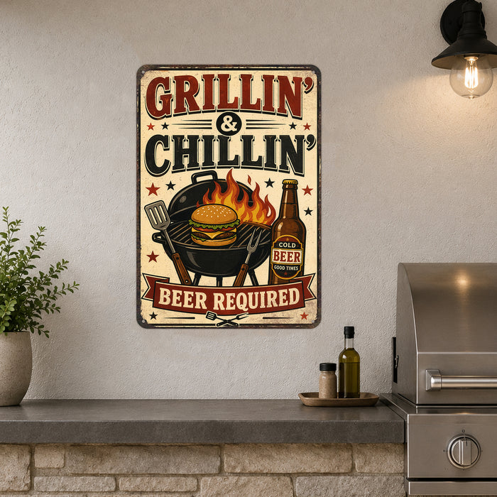 Grillin and Chillin Beer Required metal sign with vintage tin bbq sign — Grillin and Chillin Beer Required