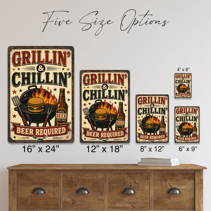 Grillin and Chillin Beer Required metal sign with vintage tin bbq sign — Grillin and Chillin Beer Required