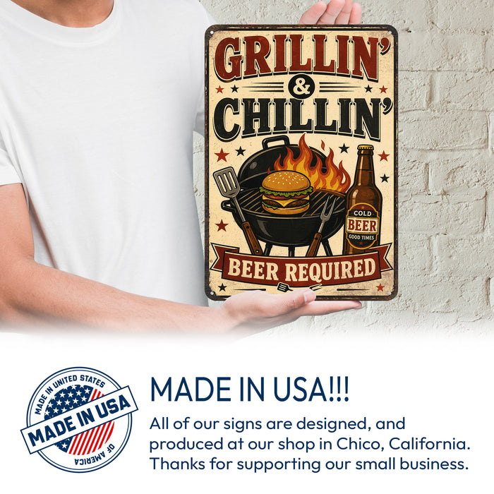 Grillin and Chillin Beer Required metal sign with vintage tin bbq sign — Grillin and Chillin Beer Required