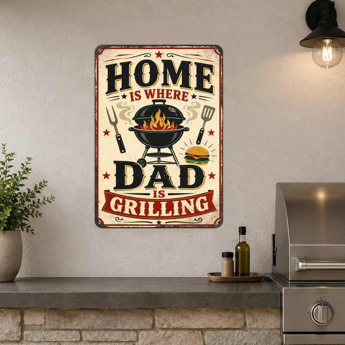 Home Is Where Dad Is Grilling metal sign with vintage tin bbq sign — Home Is Where Dad Is Grilling