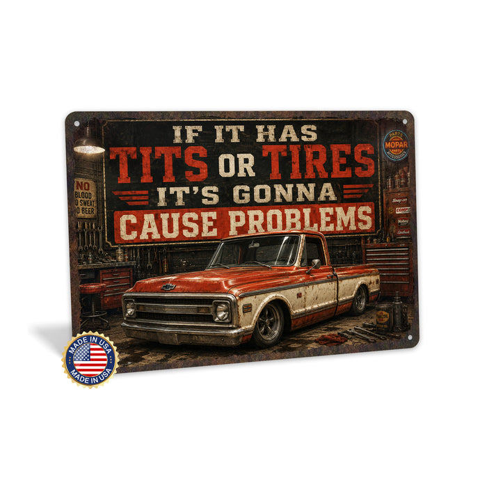 Classic Pickup Truck Vintage Garage metal sign with horizontal vintage garage scene with classic red C10 pickup, brick shop