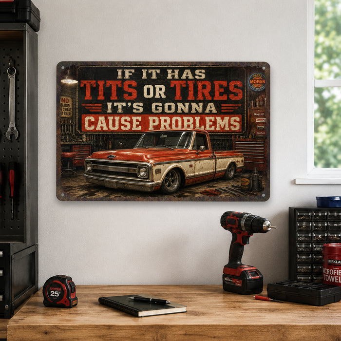 Classic Pickup Truck Vintage Garage metal sign with horizontal vintage garage scene with classic red C10 pickup, brick shop