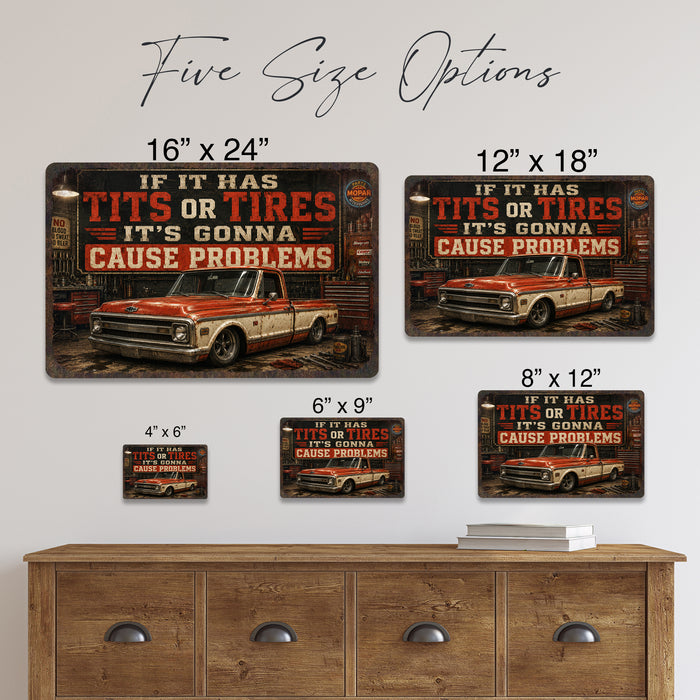 Classic Pickup Truck Vintage Garage metal sign with horizontal vintage garage scene with classic red C10 pickup, brick shop