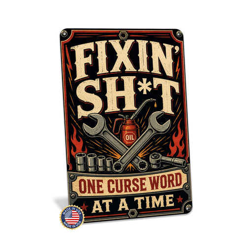 Garage Repair Project Humor metal sign with vintage rivet-frame poster with crossed wrenches, socket set, oil can, flame
