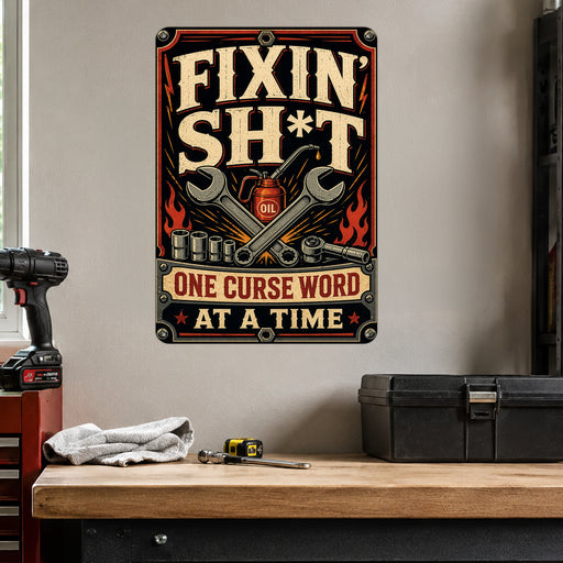 Garage Repair Project Humor metal sign with vintage rivet-frame poster with crossed wrenches, socket set, oil can, flame