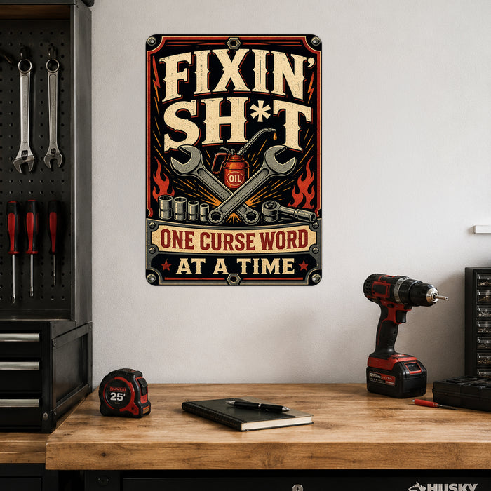 Garage Repair Project Humor metal sign with vintage rivet-frame poster with crossed wrenches, socket set, oil can, flame