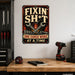 Garage Repair Project Humor metal sign with vintage rivet-frame poster with crossed wrenches, socket set, oil can, flame