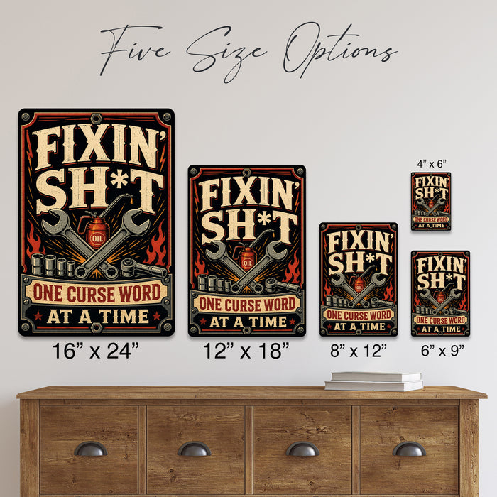 Garage Repair Project Humor metal sign with vintage rivet-frame poster with crossed wrenches, socket set, oil can, flame