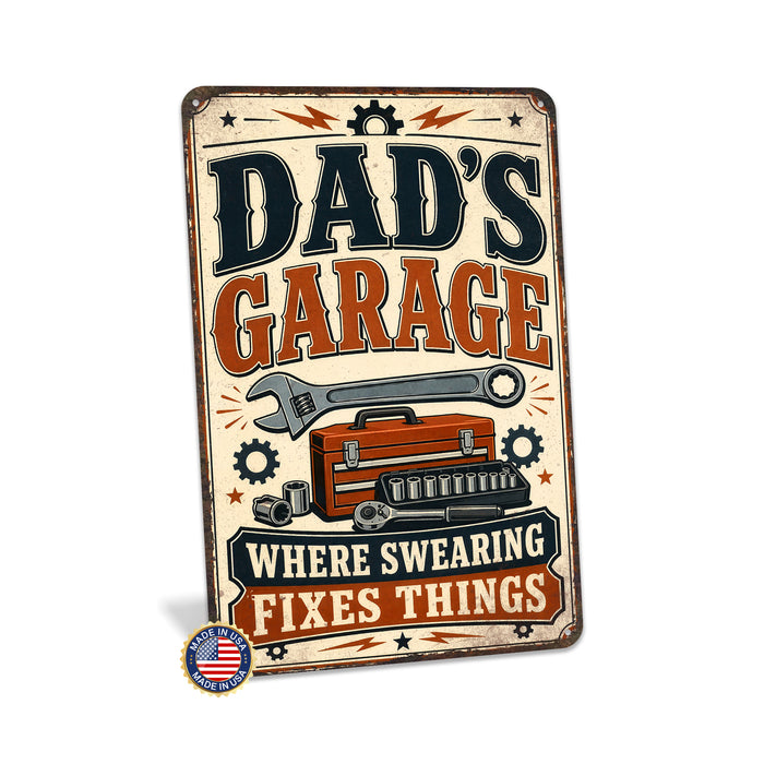 Dad's Garage Workshop Humor metal sign with vintage layout with wrench, red toolbox, socket set, ratchet, gears, and bold
