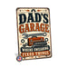 Dad's Garage Workshop Humor metal sign with vintage layout with wrench, red toolbox, socket set, ratchet, gears, and bold
