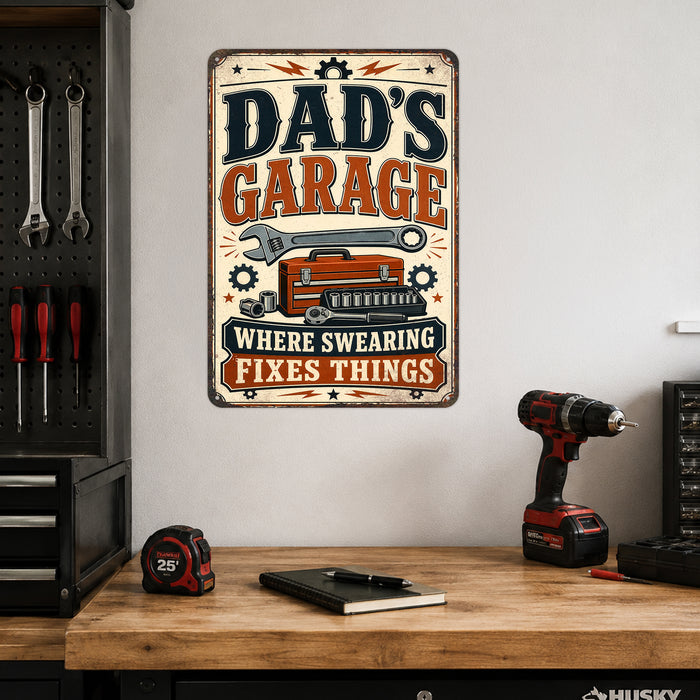 Dad's Garage Workshop Humor metal sign with vintage layout with wrench, red toolbox, socket set, ratchet, gears, and bold