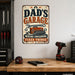 Dad's Garage Workshop Humor metal sign with vintage layout with wrench, red toolbox, socket set, ratchet, gears, and bold