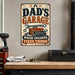 Dad's Garage Workshop Humor metal sign with vintage layout with wrench, red toolbox, socket set, ratchet, gears, and bold