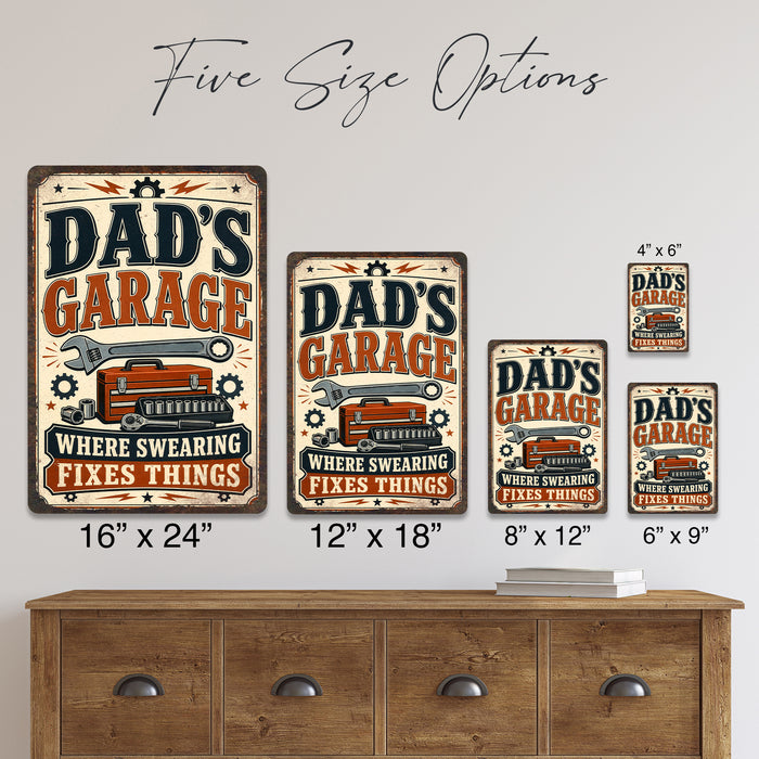 Dad's Garage Workshop Humor metal sign with vintage layout with wrench, red toolbox, socket set, ratchet, gears, and bold