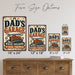 Dad's Garage Workshop Humor metal sign with vintage layout with wrench, red toolbox, socket set, ratchet, gears, and bold