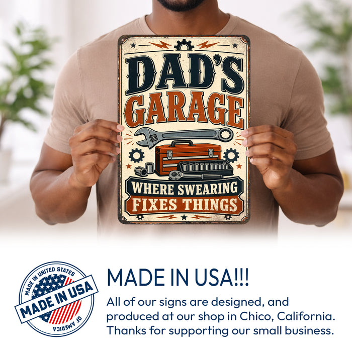 Dad's Garage Workshop Humor metal sign with vintage layout with wrench, red toolbox, socket set, ratchet, gears, and bold