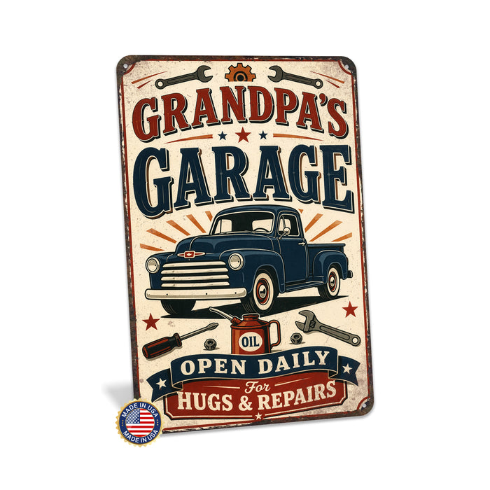 Grandpa's Garage Hugs and Repairs metal sign with vintage layout with blue Chevy classic pickup, crossed wrenches