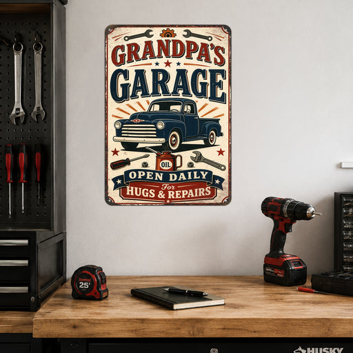 Grandpa's Garage Hugs and Repairs metal sign with vintage layout with blue Chevy classic pickup, crossed wrenches