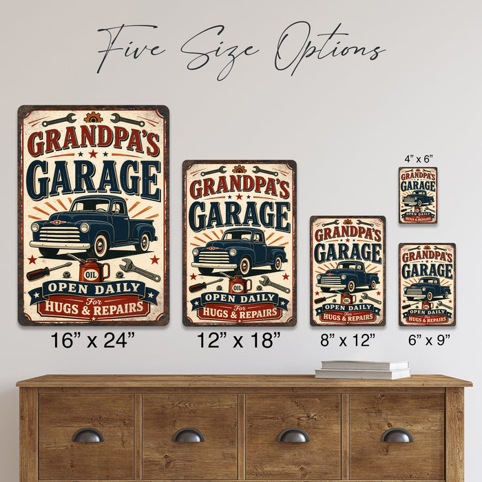 Grandpa's Garage Hugs and Repairs metal sign with vintage layout with blue Chevy classic pickup, crossed wrenches