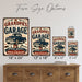 Grandpa's Garage Hugs and Repairs metal sign with vintage layout with blue Chevy classic pickup, crossed wrenches