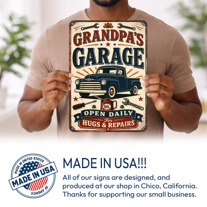 Grandpa's Garage Hugs and Repairs metal sign with vintage layout with blue Chevy classic pickup, crossed wrenches