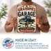 Grandpa's Garage Hugs and Repairs metal sign with vintage layout with blue Chevy classic pickup, crossed wrenches