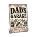 Dad's Garage Projects and Memories metal sign with vintage layout with motor oil can, wrench, screwdriver, badge medallion