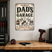 Dad's Garage Projects and Memories metal sign with vintage layout with motor oil can, wrench, screwdriver, badge medallion