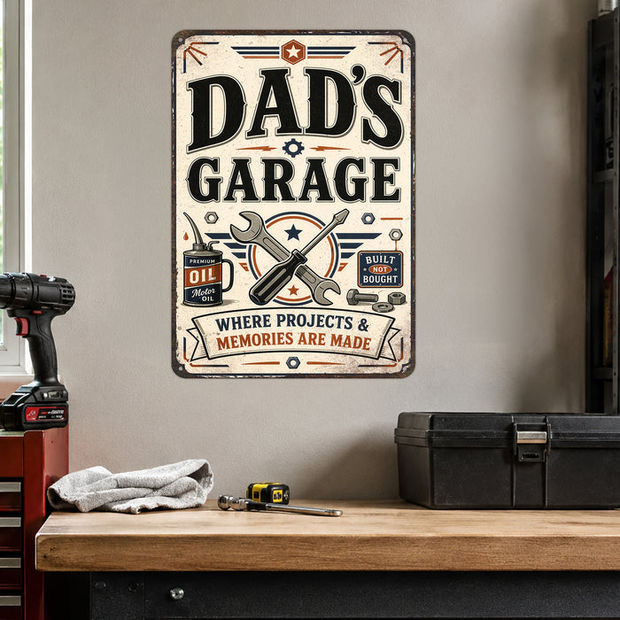Dad's Garage Projects and Memories metal sign with vintage layout with motor oil can, wrench, screwdriver, badge medallion
