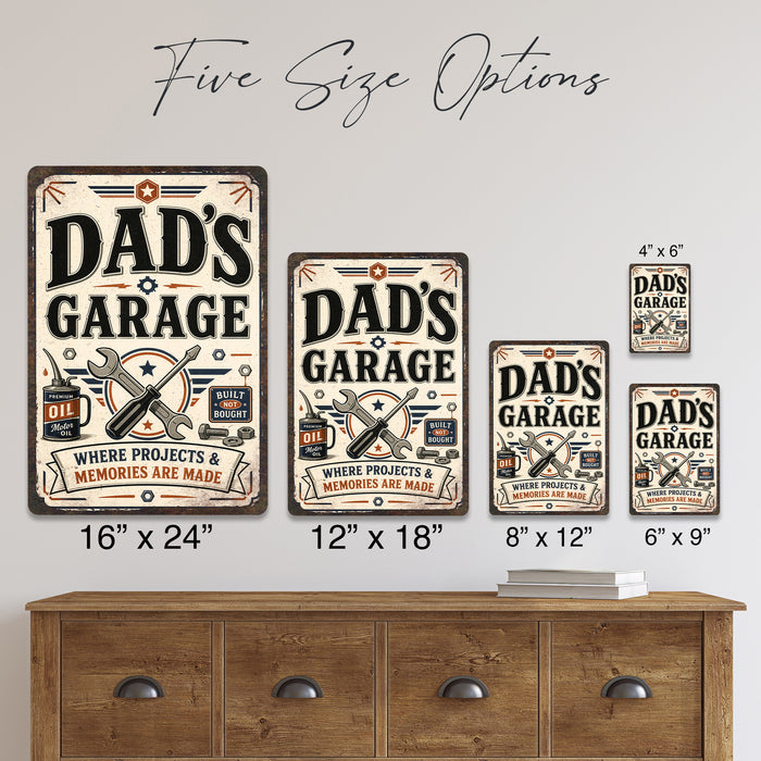 Dad's Garage Projects and Memories metal sign with vintage layout with motor oil can, wrench, screwdriver, badge medallion