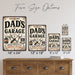 Dad's Garage Projects and Memories metal sign with vintage layout with motor oil can, wrench, screwdriver, badge medallion