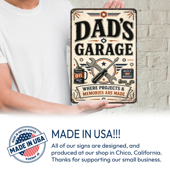 Dad's Garage Projects and Memories metal sign with vintage layout with motor oil can, wrench, screwdriver, badge medallion